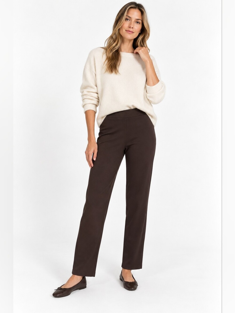 Eileen Fisher Heavyweight Rayon Knit Brown Straight Leg Pull On Pants M